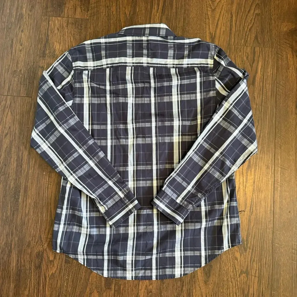 Calvin Klein Western Navy Plaid Button Down 2 Pocket Cotton Mens Shirt Size L - Picture 2 of 3